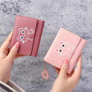 Short PU leather wallet with cute cartoon cat design and decorative cat paw pendant