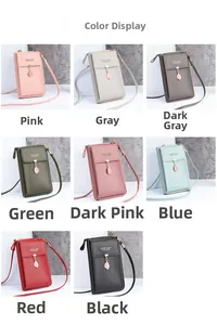 Grid display of multi-color leaf pendant crossbody phone bags in pebbled faux leather