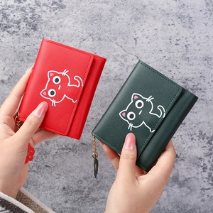 Short foldover wallets with cartoon cat pattern in red and dark green PU leather