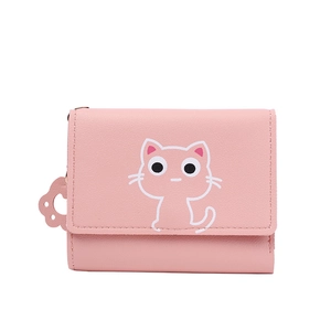 Pink trifold wallet for women featuring a white cat pattern and a cute paw pendant