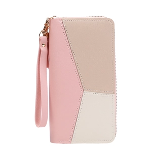 Women's long patchwork wallet with pink geometric color block and wrist strap