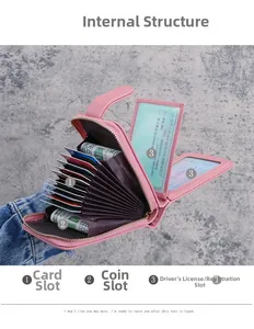 Detail of pink accordion wallet with multiple card slots and clear ID windows