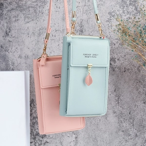 Women's Multi-functional PU Leather Mobile Phone Bag Wallet With Leaf Pendant Adjustable Strap Fashion Vertical Crossbody Bag