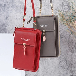 Minimalist crossbody phone bag with leaf zipper pendant in red and dark grey colors
