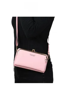 Sac à téléphone rose en cuir PU grainé avec fermoir doré et détails zippés