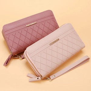 Set portafoglio lungo da donna in pelle PU rosa con trapuntatura e cerniere dorate