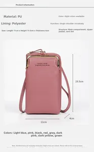 Pink PU leather crossbody phone wallet with dimensions 11x19.5x4cm and dual zip closure