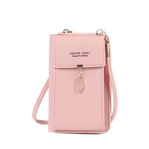 Pink multi-functional crossbody phone bag with leaf charm and metal zipper design