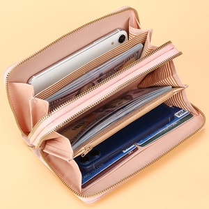 Portafoglio lungo rosa minimalista con doppia cerniera e fodera a righe interna