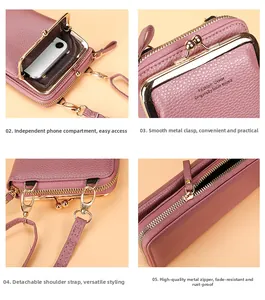 Pink litchi texture phone bag detail showing metal buckle and detachable shoulder strap