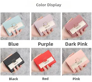 Short tri-fold women's wallet shown in six colors with square metal buckle detail