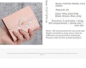 Pink PU leather wallet detail showing interior slots, dimensions 11.5x1.8x9cm and floral pattern
