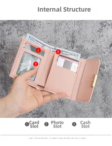 Detail of pink tri-fold wallet showing card slots, photo window and bill compartment