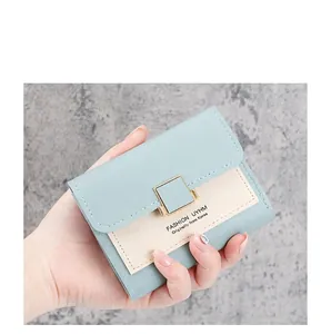 Close-up of light blue and cream patchwork leather wallet with golden metal buckle