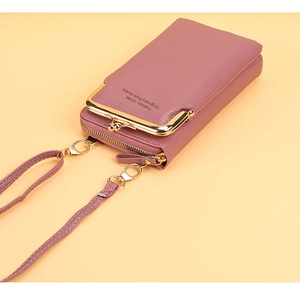 Pink lychee texture leather crossbody phone bag with gold metal clasp and zipper details