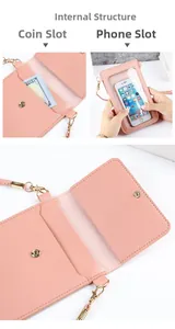 Detalle de cartera de cuero PU rosa con ventana táctil y ranuras para billetes