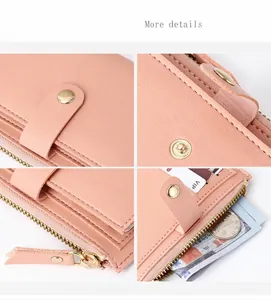Detailed close-up showing pink pebbled leather card holder with secure zip and snap button