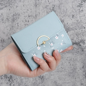 Women Floral Short Wallet PU Leather Small Tri-fold Coin Purse With Metal Buckle Cherry Blossom Print Ladies Daily Wallet