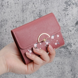 Short foldover pink floral wallet for women with high-quality litchi grain texture