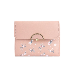 Pink short folded wallet for women with floral pattern and golden metal flower clasp