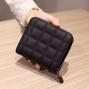 Mini Portefeuille Femme en Cuir PU Matelassé Style Coréen Petit Carré Pliable en Deux Porte-cartes Porte-monnaie Avec Fermeture Éclair