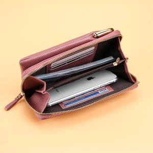 Elegant long leather wallet for women with double zipper and large storage capacity