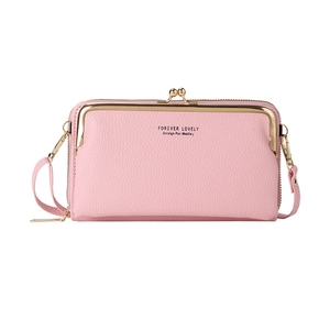 Sac portefeuille bandoulière en cuir grainé rose avec double fermoir et bandoulière