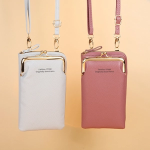 Women's crossbody phone bags in grey and pink with dual zippers and gold kiss-lock pockets