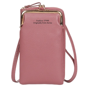 Women's double zipper phone wallet in dusty rose pink pebbled leather with strap