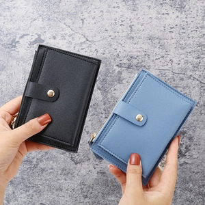 Slim PU leather card holder wallet with zipper pocket and snap closure in black and blue
