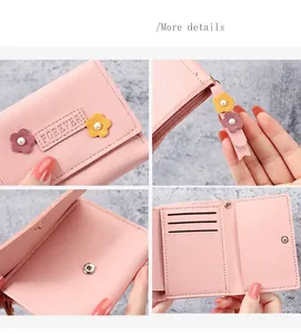 Détails du portefeuille pliable en cuir PU rose avec fentes pour cartes et fleurs
