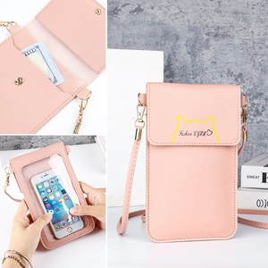 Bolso bandolera rosa de cuero PU para móvil con ventana táctil y diseño de orejas de gato