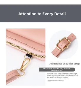 Detail of pink lychee leather crossbody bag with golden zipper and adjustable shoulder strap