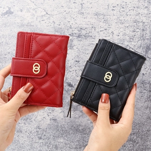 Women's Short Quilted Wallet PU Leather Rhombic Pattern Golden Double Ring Buckle Multi-Card Slot Zip Coin Purse Bifold Bag