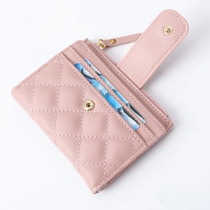 Pink quilted PU leather wallet with multiple card slots and gold zipper closure