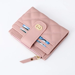 Pink quilted leather short wallet for women featuring golden double-ring buckle and zipper