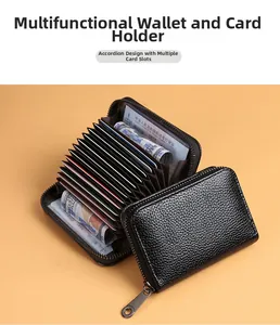 Vue détaillée du porte-cartes RFID en cuir grainé noir avec fentes accordéon
