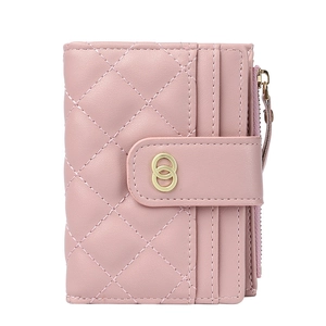 Pink quilted faux leather short wallet with zip pocket and gold metal ring buckle