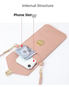 Internal structure of pink PU leather phone crossbody bag showing card and phone slots