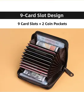 Détail du porte-cartes marron avec blocage RFID, 9 fentes et fermeture éclair