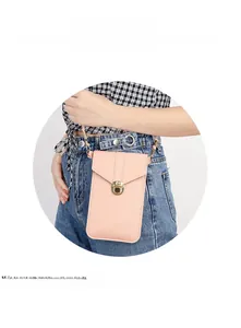Pink PU leather crossbody phone wallet featuring a round metal buckle and flip cover