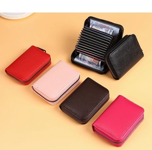 Détails de porte-cartes en cuir grainé avec fermeture éclair en cinq coloris variés