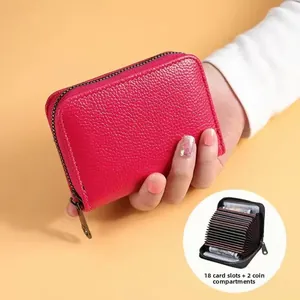 Porte-cartes RFID rose en cuir avec 18 fentes pour cartes et 2 compartiments