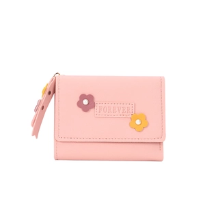 Petit portefeuille rose pour femme en similicuir avec fleurs et accents de perles