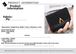 Detailed specs of short PU leather wallet showing size 9x11.5cm and multi-slot interior