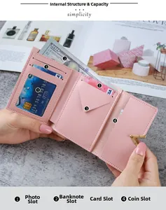 Pink tri-fold PU leather wallet detailing card slots, cash pocket, and gold V-shaped logo