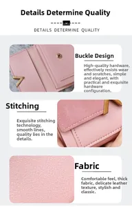 Detailed macro view of pink PU leather wallet showing gold V-clasp and precise stitching