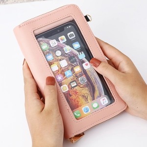 Sac à bandoulière rose pour téléphone avec écran tactile et fermeture éclair en métal