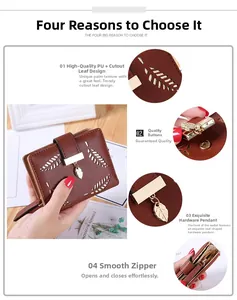 Detail view of brown PU leather wallet featuring hollow leaf design and gold metal charm