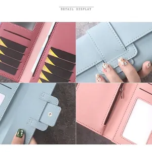 Portefeuille long en cuir PU pour femme avec emplacements cartes et poche zippée